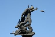 statue showing Ukrainian player defeating IIIrd Reich eagle symbol at the Start stadium's entrance. On August 9, 1942, 45.000 spectators attended a match in this stadium called Zenit, between FC Start, a team made up of former Dynamo Kiev freed from a prisoner camp, and the FlakElf, a team made up of Luftwaffe soldiers and pilots. FC Start won 5-3 and this match stayed in History and Ukrainian memories as the "death match".